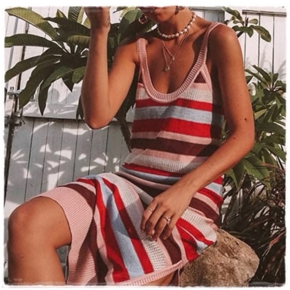 Striped Knit Dress with Leg Slit - Picture 2 of 7